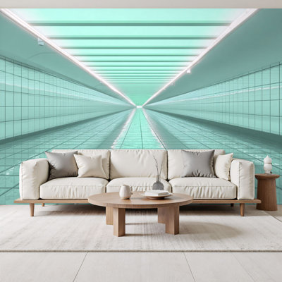 Papier peint adhésif mural futuriste à surface réfléchissante vert menthe et couloir néon coulissant 69 po x l 96 po amovible PVC auto-adhésif mural