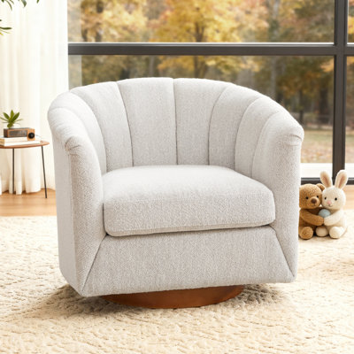 Fauteuil demi-tonneau de 31 po de large pivotant à 360 ° avec base en bois massif 31 po ivoire