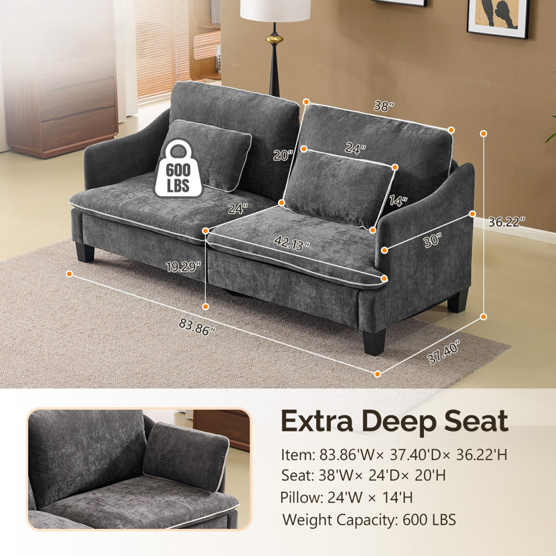 83.86"W Linen Blend Piped T-Cushions 2-Seat Loveseat Sofa , Gray