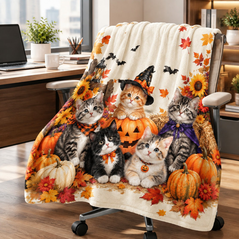 Adorable couverture en molleton à motif de chat d'Halloween, adorable chaton en peluche douillette pour canapé-lit, salon, décoration intérieure parfaite