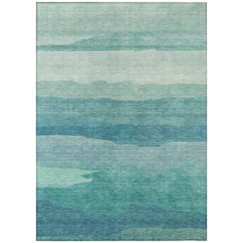 3' X 5' Turquoise Striped Washable Indoor Outdoor Area Rug