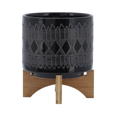 Ceramic 8" Aztec Planter On Wooden Stand