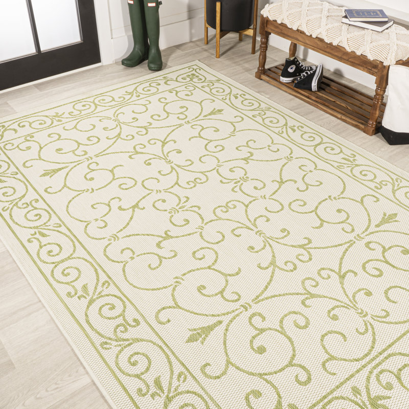 Debbe Vintage Filigree Textured Weave Cream/Green Indoor/Outdoor Rug, Rectangle 7'9" x 10'