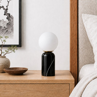 Modern Marble Globe Table Lamp with White Glass Shade, Bedside Nightstand Lamp for Bedroom and Living Room