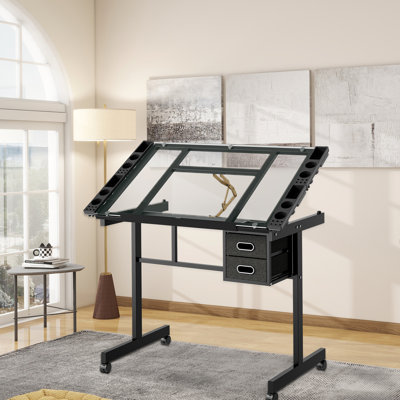 Bureau de dessin réglable réglable avec 2 tiroirs en tissu et 4 roulettes (noir)