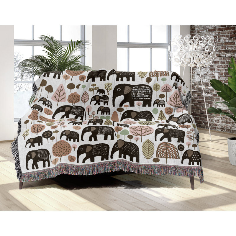 Jeté en mélange de coton Alfie Elephant, Brun / Blanc cassé, L 60 po x l 50 po