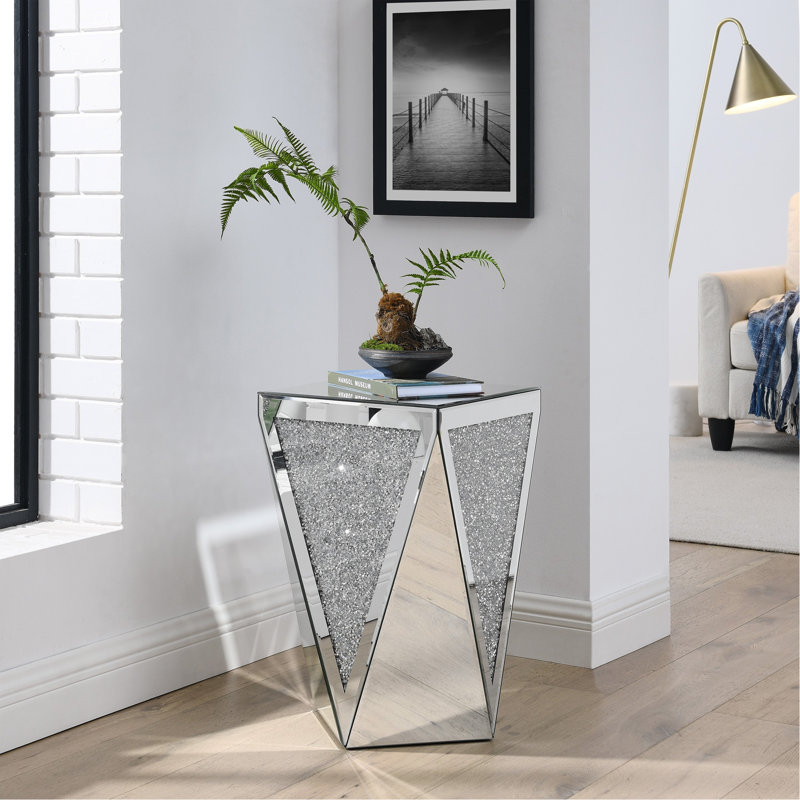 Table rectangulaire triangulaire à miroir, table basse incrustée de losanges en cristal, table d'appoint en verre argenté convenant aux couloirs, salons, coins, chambres à coucher, canapés