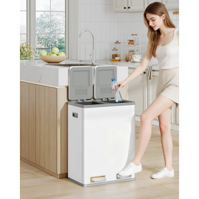 Kitchen Bin, Recycling Bins, Pedal Bin with Lid, Stainless Steel Kitchen Bins Recycling and Waste, Silent Slow-Down Closing Lid, With 15 Exclusive Trash Bags