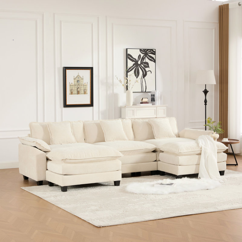 Canapé modulaire en forme de U Grid, canapé surdimensionné avec repose-pieds, Chenille beige, H 33 po x l 117 po x P 30 po