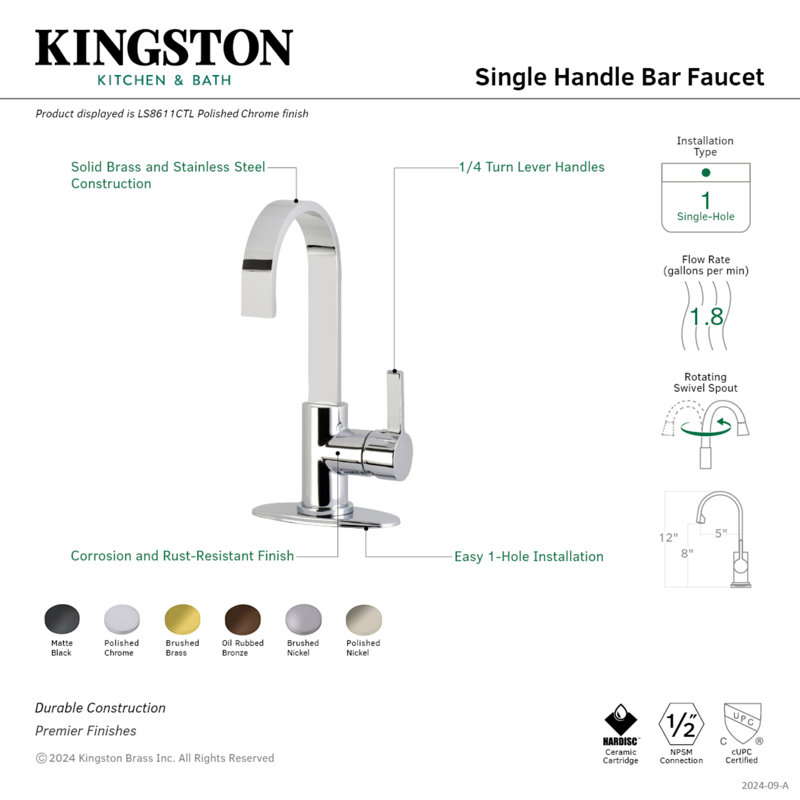Matte Black Single-Handle Bar Faucet with High Spout