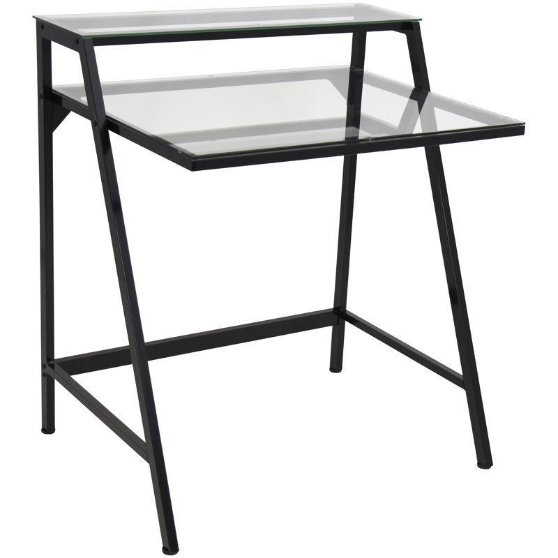 Huertas Glass Top Metal Base Writing Desk, Black/Clear