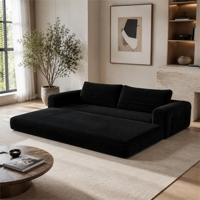 Canapé-lit en velours côtelé noir de 193 cm de large, sans dossier, pliable, avec assise profonde et matelas dépliable, idéal pour le salon.