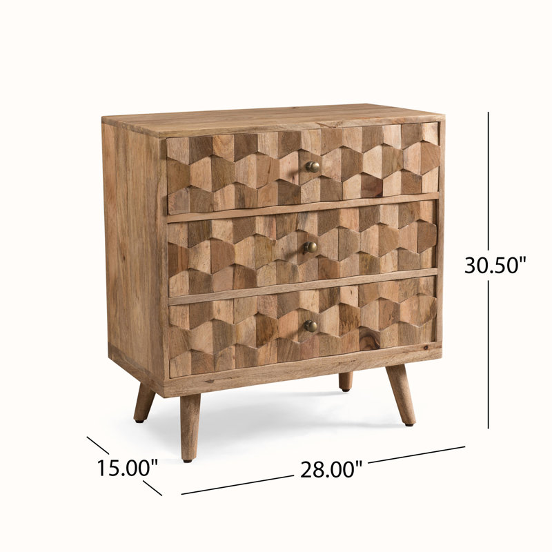 Poppy Mid-Century Mango Wood 3-Drawer Chest with 3D Weave