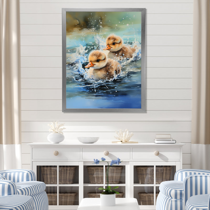 «Playful Paddler Ducklings» - Art mural animal canard, Cadre photo argenté, H 32 po x l 16 po x P 1 po