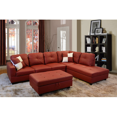 Burgundy Faux Leather 3-Piece L-Shaped Sectional Sofa with Chaise and Ottoman