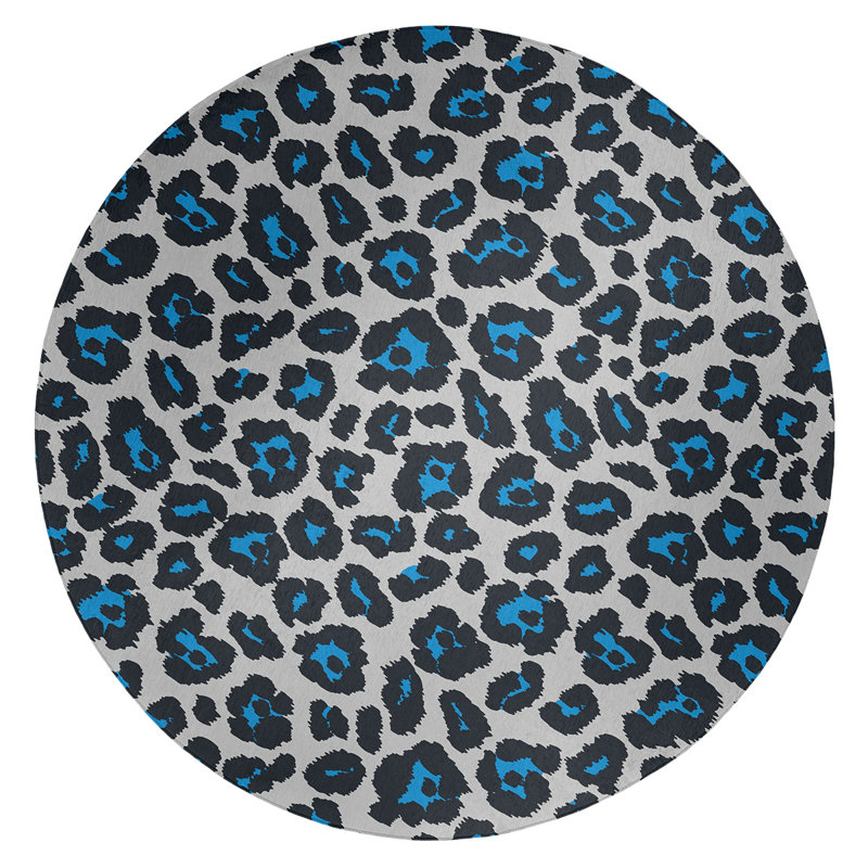 Tapis gris / noir / bleu à imprimé animal, Rond 5 pi