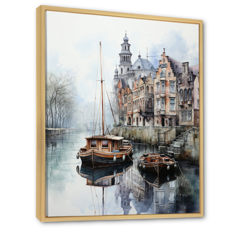 «Beige Canal Reflections» en monochrome sur toile, H 20 po x l 12 po x P 1 po, Cadre naturel flottant