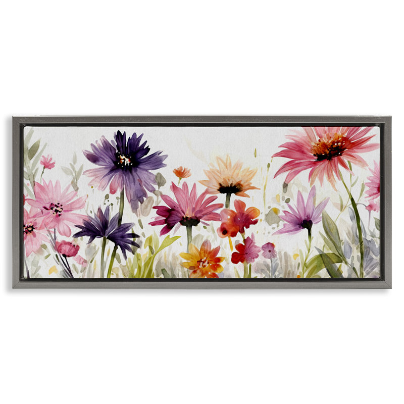 Fleurs roses et mauves, Cadre flottant gris lustré, H 14 po x l 31 po