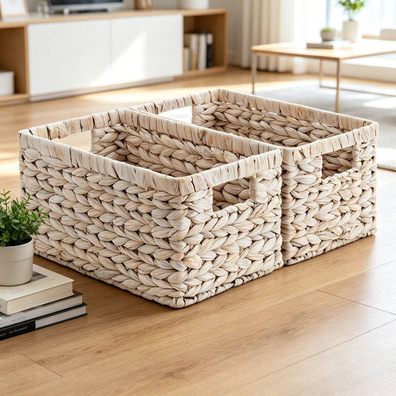 Paniers de rangement en osier pour l'organisation, paniers en jacinthe d'eau tissés à la main avec poignées, paniers robustes et durables pour l'organisation à la maison, blanc naturel, ensemble de 2
