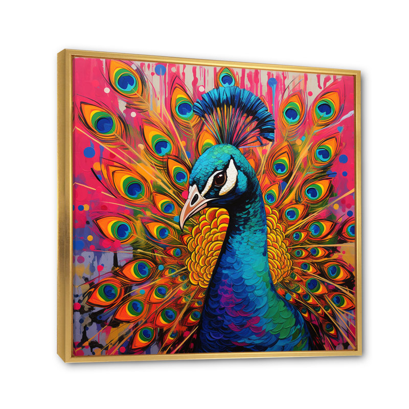 Bleu sarcelle, Pop Art, paon - paon, art mural sur toile, H 16 po x l 16 po x P 1 po, Cadre flottant doré