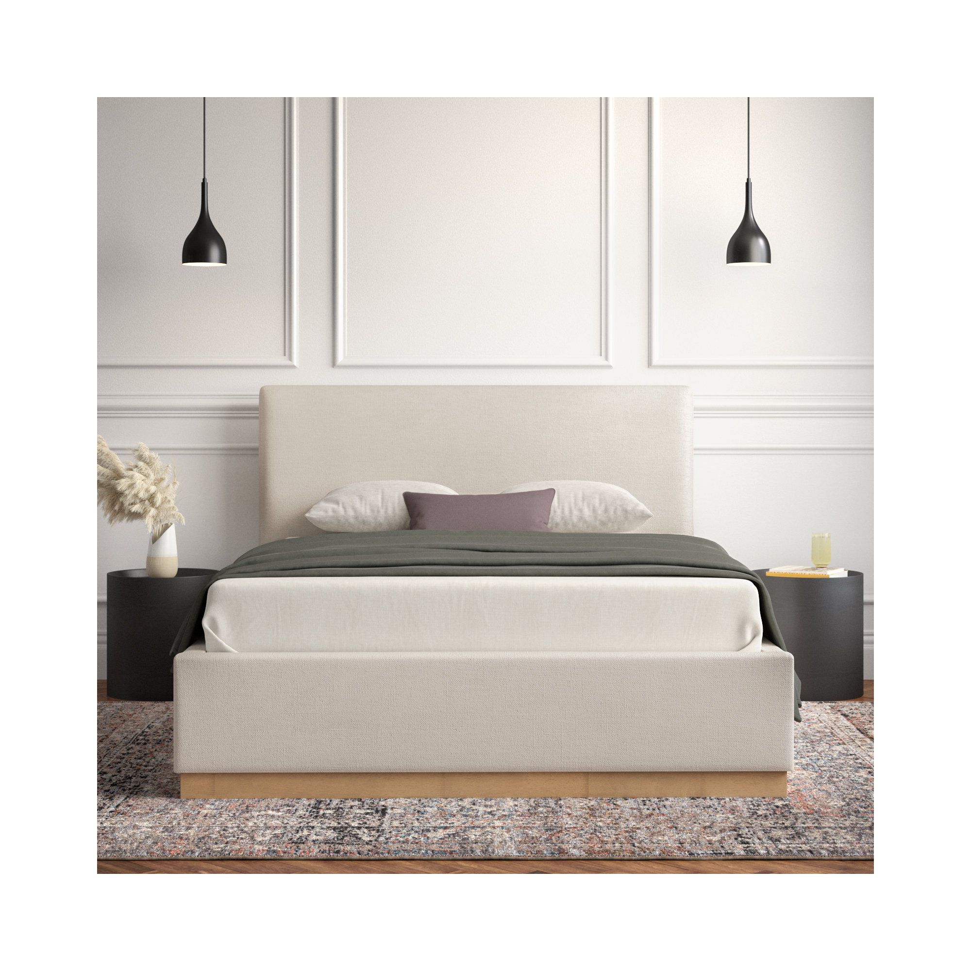 Delpha Grounded Upholstered Wood Base Bed, King, Effie Linen Performance Linen