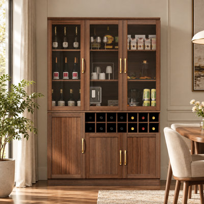 70.87" Tall Bar Cabinet with Glass Doors, 14-Bottle Removable Wine Rack, Adjustable Shelves & Door Storage, Freestanding Wine and Liquor Storage Cabinet