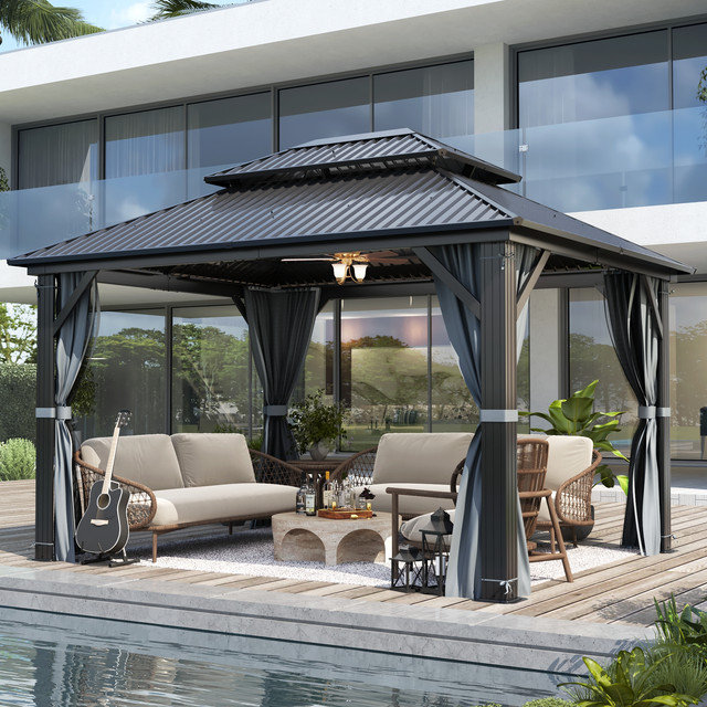 12 ft. W x 10 ft. D Outdoor Aluminum Patio Gazebo - Galvanized Steel Hardtop Gazebo with Netting & Curtains