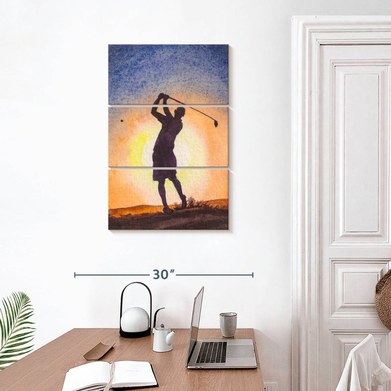 Golfeur au coucher du soleil, H 32 po x l 20 po