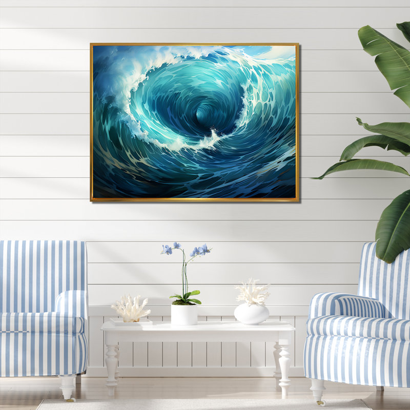 Tempête tropicale, vagues de surf - art mural bord de mer tropical, H 34 po x l 44 po x P 1,5 po, Cadre flottant doré