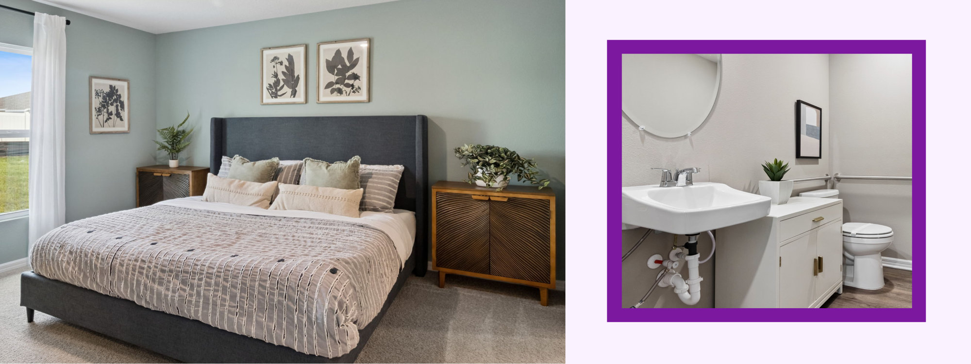Bedroom with gray upholstered bed and nightstands.