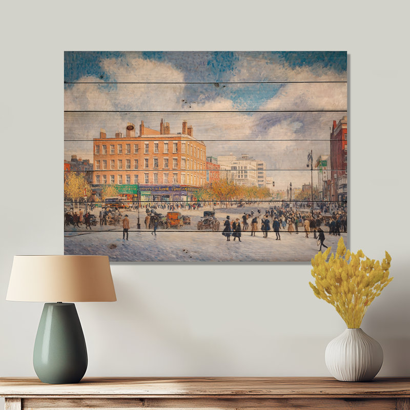 Dublin Fair City I - Art mural industriel en bois sur bois de pin naturel, H 34 po x l 44 po