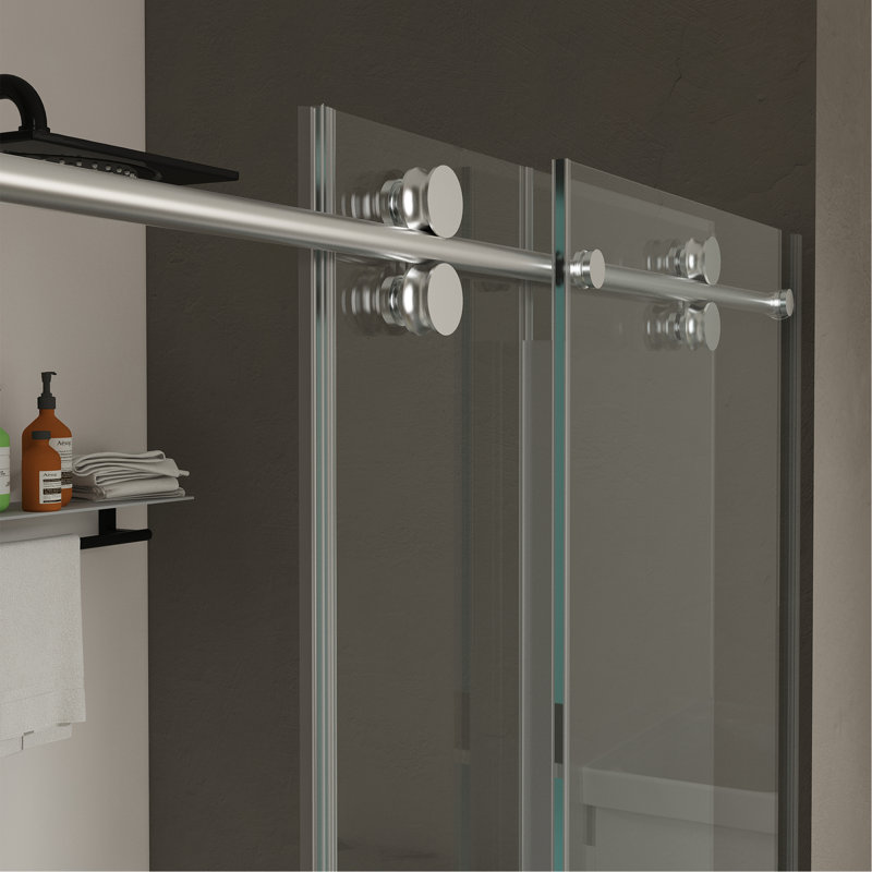 Porte de douche sans cadre de 56 à 60 po x H 76 po, porte de douche coulissante, avec cabine de douche en verre trempé épais de 3/8 po (10 mm) de qualité supérieure, couche facile à nettoyer à double face, finition chromée avec tampon