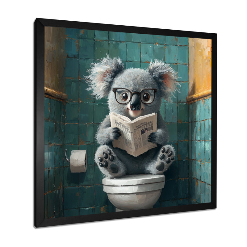 Keala Koala avec des lunettes dans la toilette II - koala, art mural pour le salon, H 30 po x l 30 po, Noir