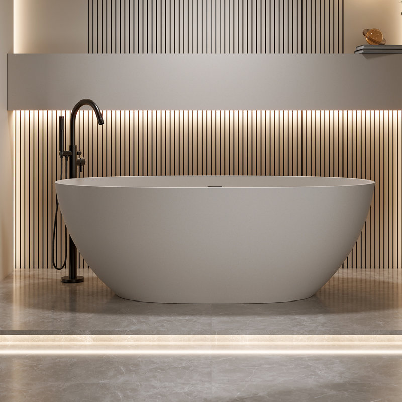 67'' Freestanding Soaking Tub, Solid Surface, Beige, 31.06 In Wide, 22.19 High, 327.3 Lb, Resin Stone Construction, Overflow And Pop - Up Drain, Easy To Clean, Comfortable Bathtub, Smooth Touch,