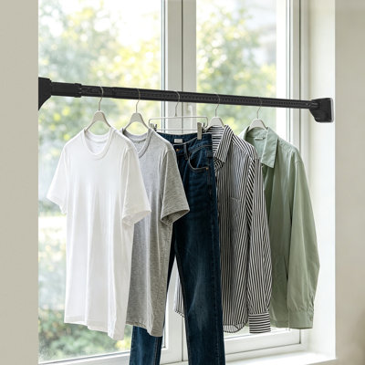 Heavy Duty Tension Clothes Hanging Rod No Drilling Wall Mount Laundry Drying Rack L-Shaped Triangle Support 3.28-5.58ft Adjustable Stretch Rod Stainless Steel Organizer for Bathroom Bay Window Closet