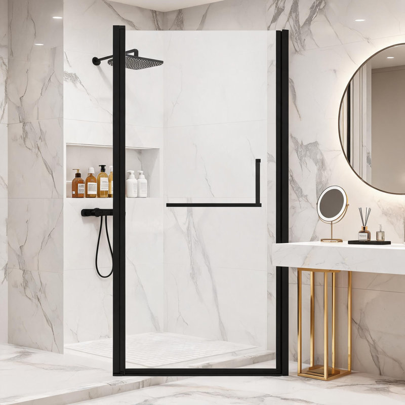 Porte de douche pivotante semi-encadrée, largeur réglable de 81 à 84 cm, noir mat, avec verre trempé de 6 mm et installation réversible.