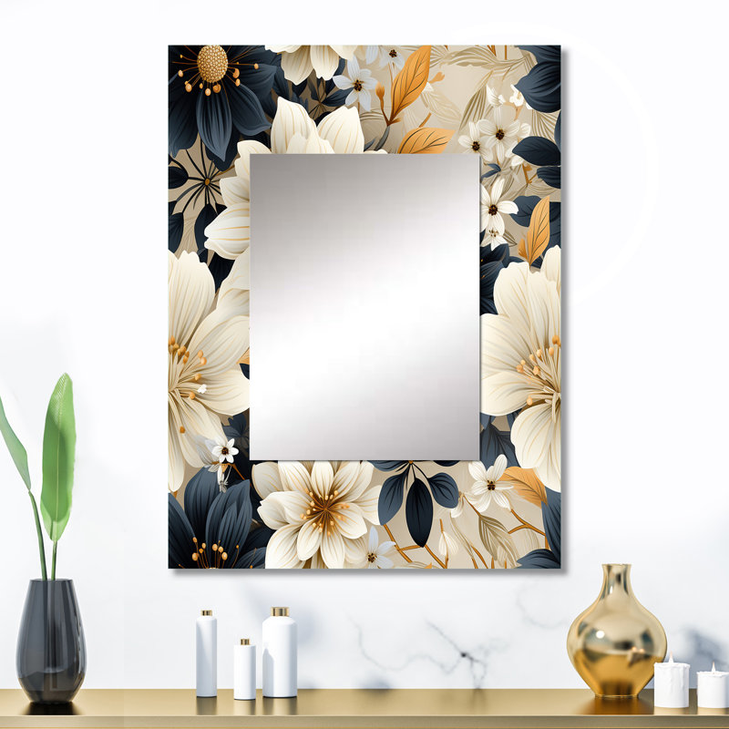 Motif de chrysanthèmes de fleurs bleues et beiges Allonte - miroir décoratif floral, miroir mural traditionnel, 32 po x 24 po