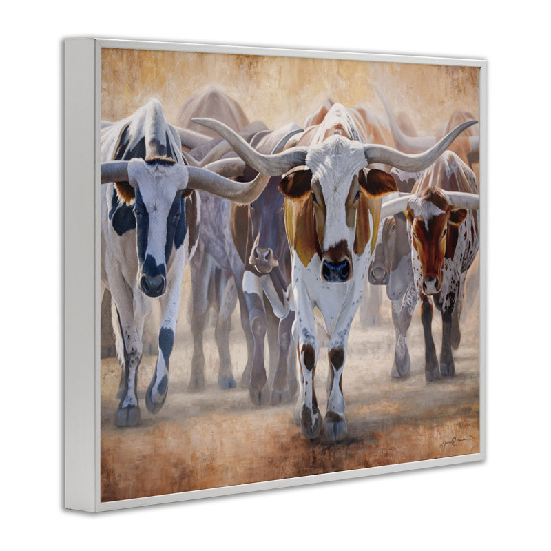 Giclée encadrée «Trots Longhorn» par James Corwin, H 11 po x l 14 po, Estampe numérique encadrée blanc bord de mer