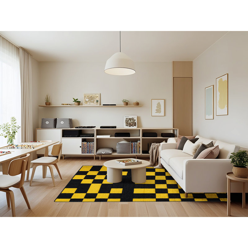 Tapis damier noir lavable à la machine, Rectangle 7 pi x 9 pi