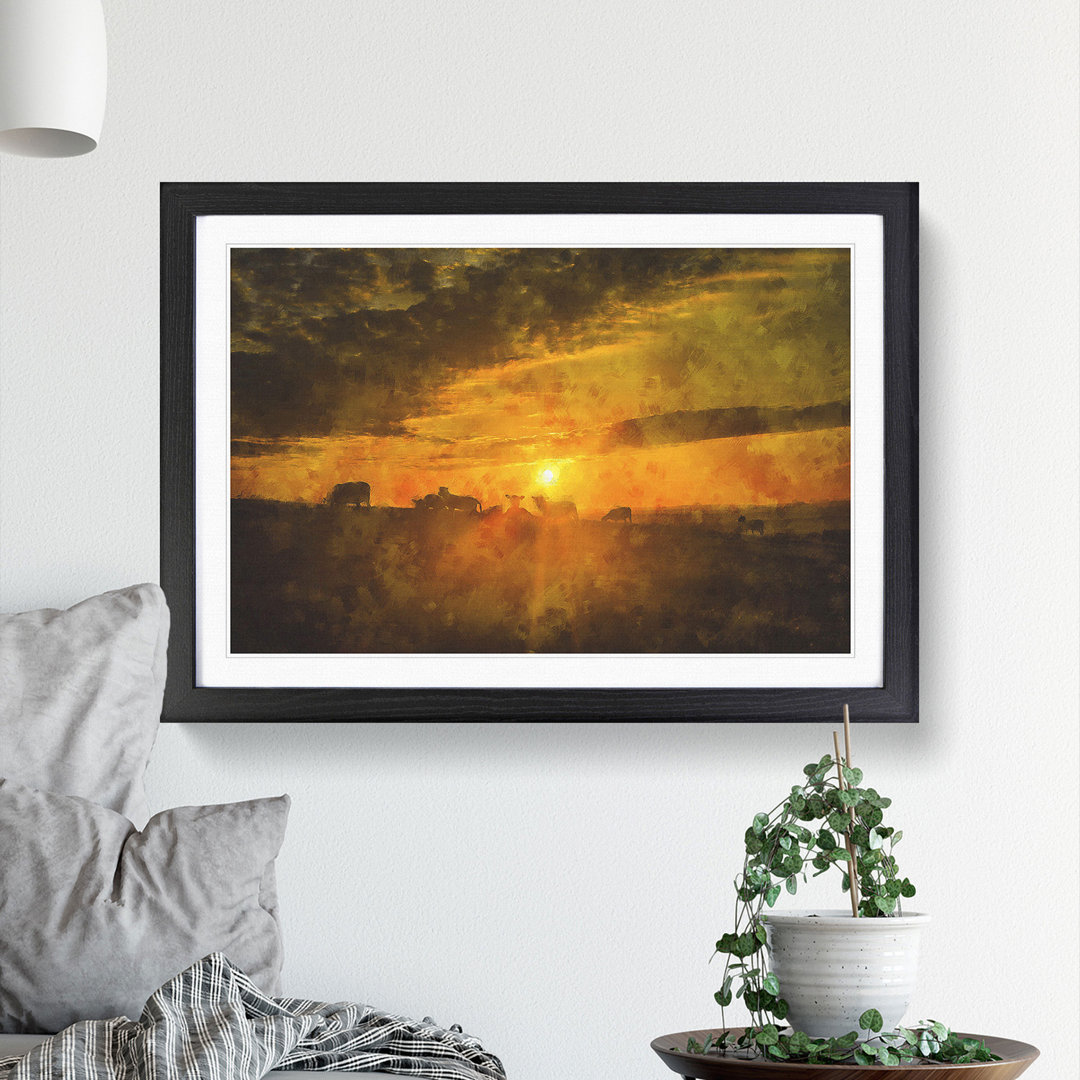 Flock Sheep and Sunset - Framed Print