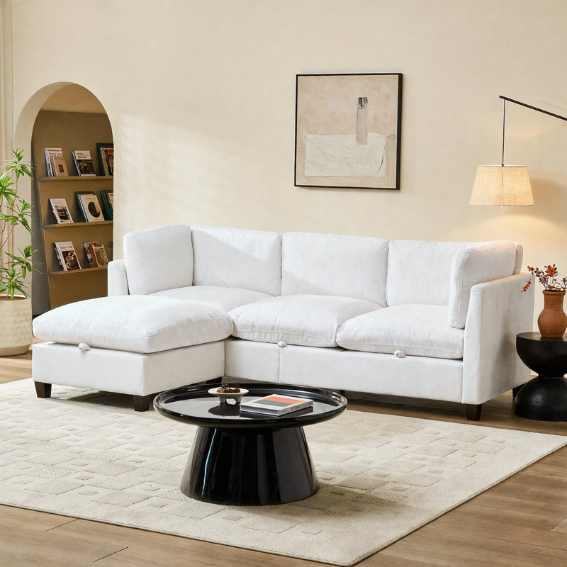 Canapé modulaire 96,5 po pour salon, canapé rembourré en tissu de chenille doux, canapé 3 places avec repose-pieds beige