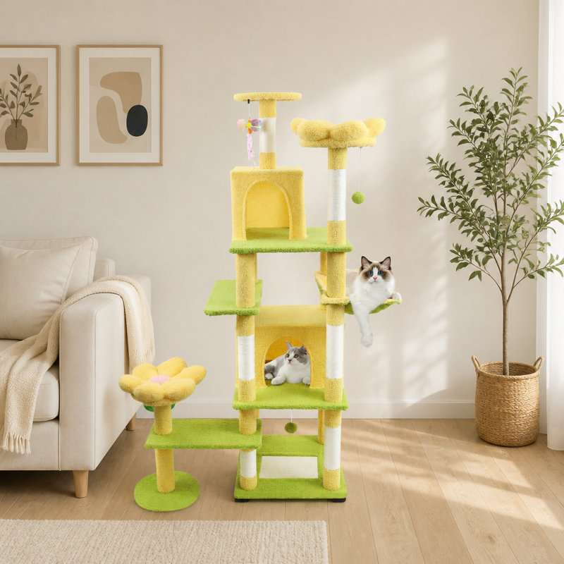 Arbre à chat 71 pouces avec grand condo, coussin amovible et hamac pour un confort et un jeu félins ultimes, Yellow