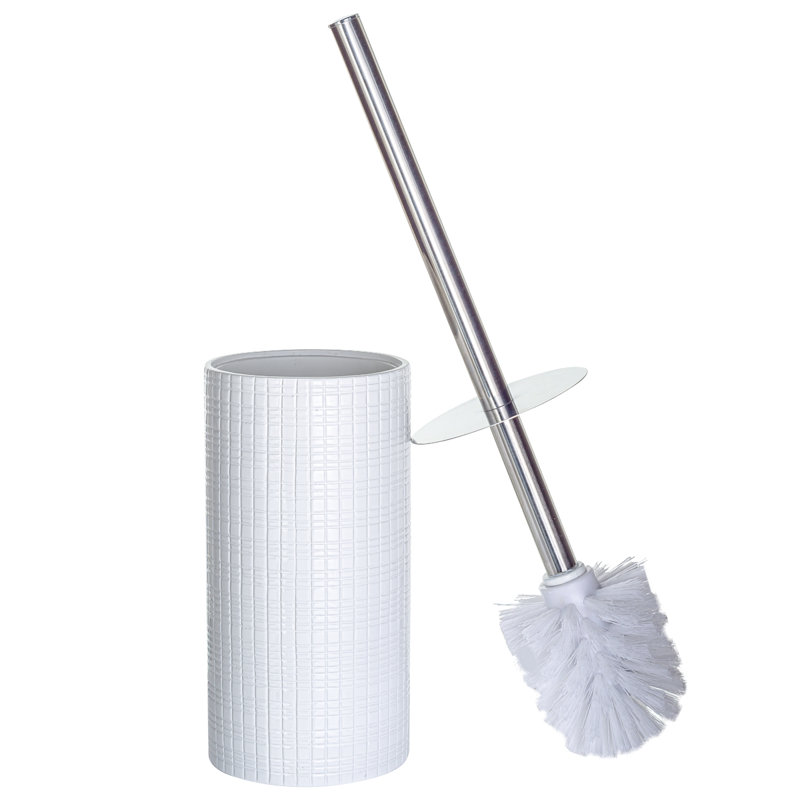 White Polyresin Toilet Brush with Holder and Silver Handle