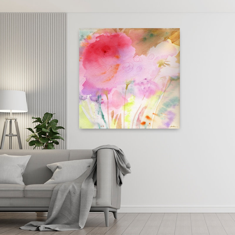 Art floral contemporain rose, H 48 po x l 48 po