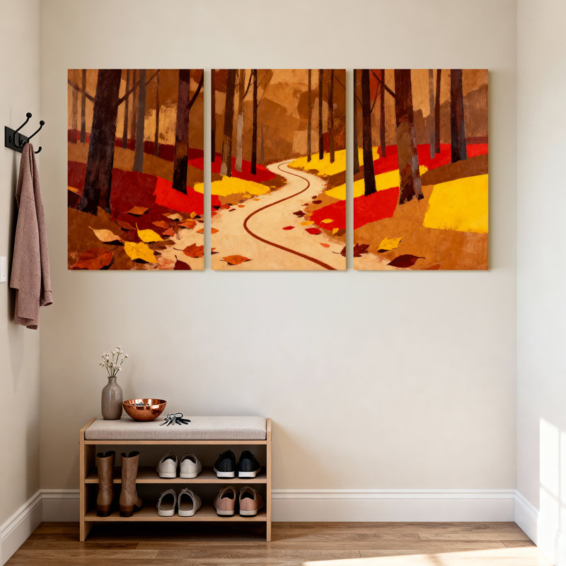 Ensemble de 3 impressions d'art sur toile, "Forêt d'automne avec feuilles tombantes", H 18 po x l 36 po