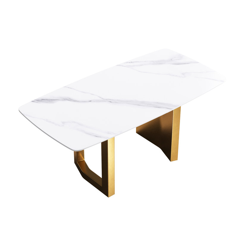 Table de salle à manger en pierre artificielle blanche de 71,68 po avec pieds en métal doré - sièges 6-8, résistante à la chaleur, non radioactive, de conception simple rectangulaire en pierre blanche, pouvant accueillir des températures élevées