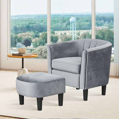 Fauteuil demi-tonneau rembourré en velours avec repose-pieds et repose-pieds Teddy