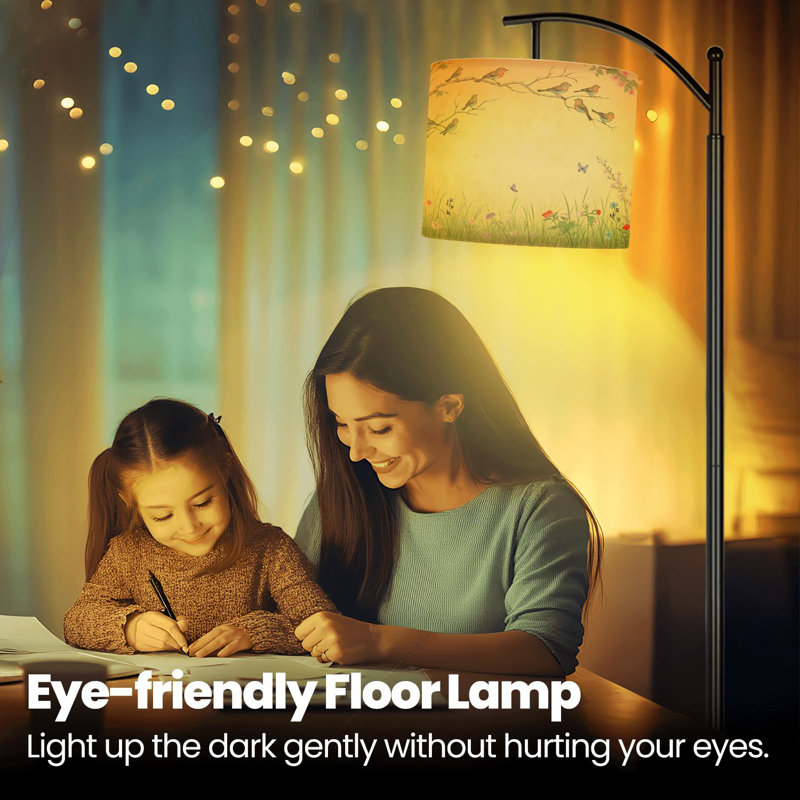 Lampe sur pied à arc avec fleurs et couleurs pastel douces avec abat-jour réglable et lampe 3 lumières à DEL avec télécommande pour salon