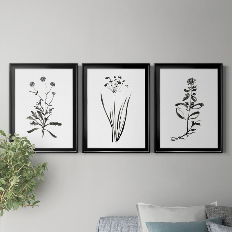 " Inky Botanical I " 3 - Pieces, 36.5" H x 26.5" W x 1" D, Black Framed Canvas