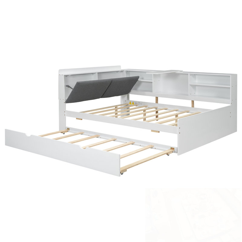 Lit plateforme en bois avec lit gigogne, tablettes et tête de lit, Blanc